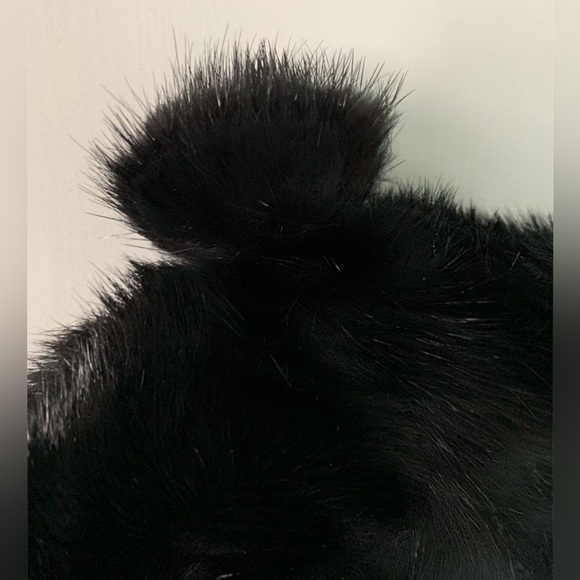 Black Faux Fur Billed Cap with Pom - Picture 3 of 7